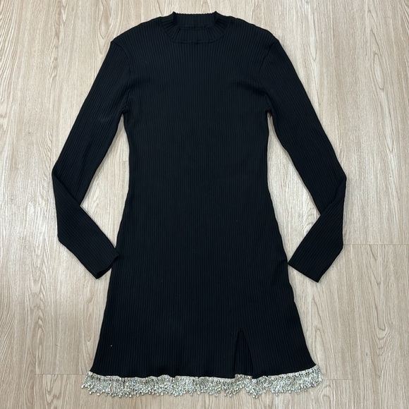 Ribbed Sweater dress rhinestone fringe trim hem nwot - Picture 4 of 5